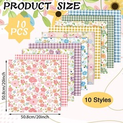 Hahafelt 10 Pcs Floral Gingham Quilting Fabric Bundles 20 x 20 Inch
