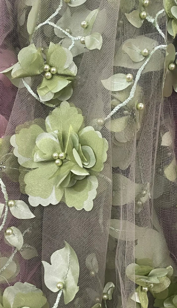 Sage green 3d floral embroider pearls mesh lace scalloped Fabric By yard 54″ w