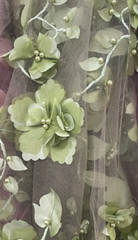 Sage green 3d floral embroider pearls mesh lace scalloped Fabric By yard 54″ w