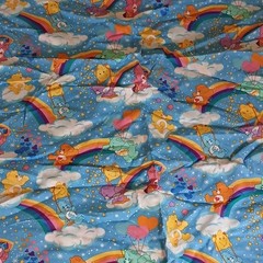 Care Bears Cartoon Print Fabric Blue Rainbow Clouds 44″ W x 89″ L NWOT Vintage