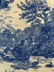Fabric – RARE French Toile Country Pastoral Romantic Riverbank Sold BTY x 60″ W