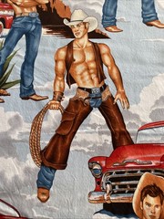 Alexander Henry Wranglers Shirtless Cowboy Fabric Sexy Country Truck Yd Blue