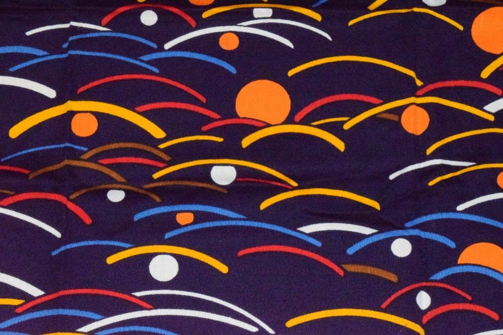 Vintage Fabric 50s 60s MCM Purplish Blue Abstract Waves Sunset 2.3Yard X 44Inch