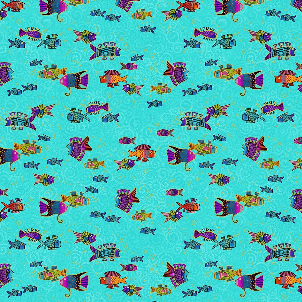 1/2 Yard Fabric – Oceania | Fish – Aqua by Laurel Burch for Clothworks