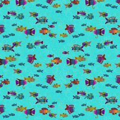 1/2 Yard Fabric – Oceania | Fish – Aqua by Laurel Burch for Clothworks