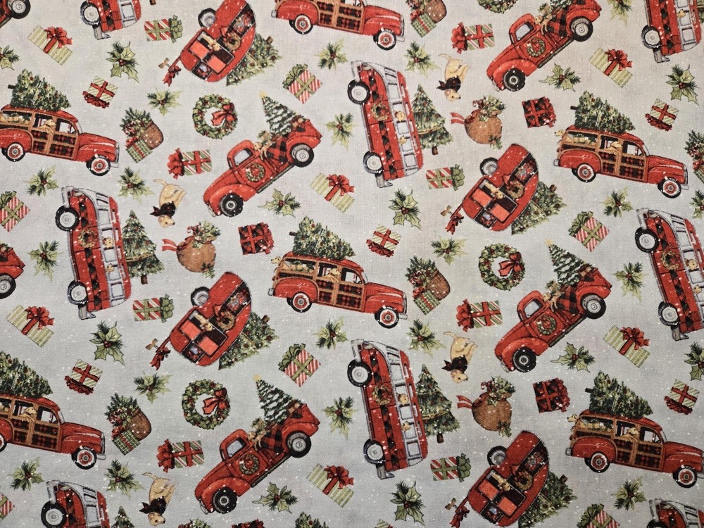 3 YARDS Cotton Fabric – CHRISTMAS Red Pickup Truck Toss, Springs Creative