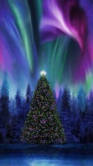 24″ X 44″ Panel Christmas Tree Aurora Borealis Blue Cotton Fabric Panel D506.86