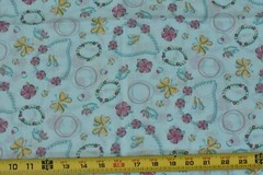 By 1/2 Yd, Vintage, Pink Gold & Blue Jewelry on Blue Cotton, Girly-Theme, N6404