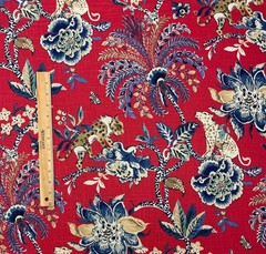 WILLIAMSBURG BRAGANZA POPPY RED JUNGLE CATS LEOPARD LINEN FABRIC 2.75 YARD 54″W