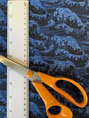 Japanese Hokusai style waves fabric, blue Oriental sea cotton, Kanagawa