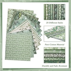 25 Pcs Sage Green Cotton Fabric Squares 10×10″ | Assorted Floral Prints, Quiltin