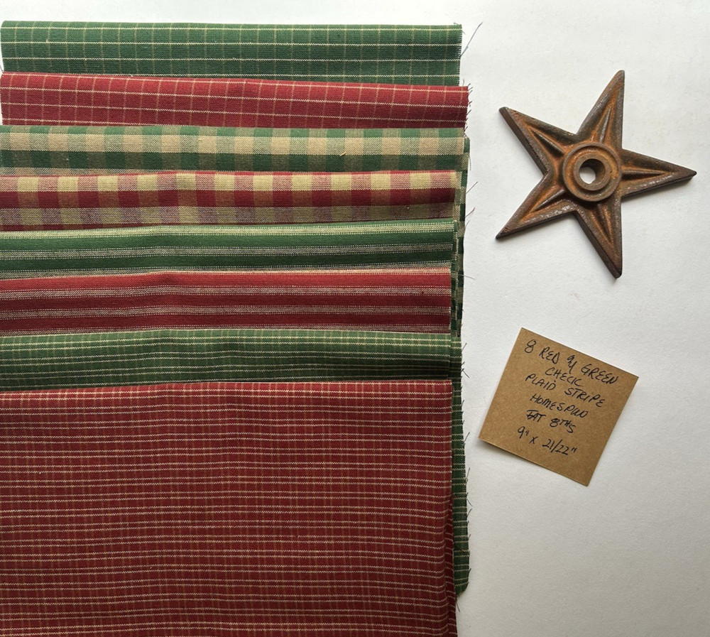 8 RED & GREEN Check Plaid Stripe 100% Cotton Homespun FAT 8THS (9″x21/22″)