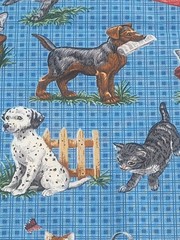 1 5/8 yds VTG Dogs Cats Kittens Puppies Blue Novelty Fabric Cotton Blend