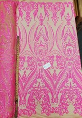Iridescent Neon Fuchsia/Nude Hourglass Design Stretch Spandex Mesh Sequin Fabric