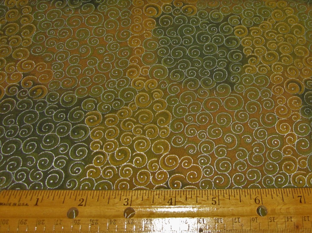1 yard of GREEN GOLD BROWN SWIRLS with SILVER METALLIC on 100% Cotton Fabric