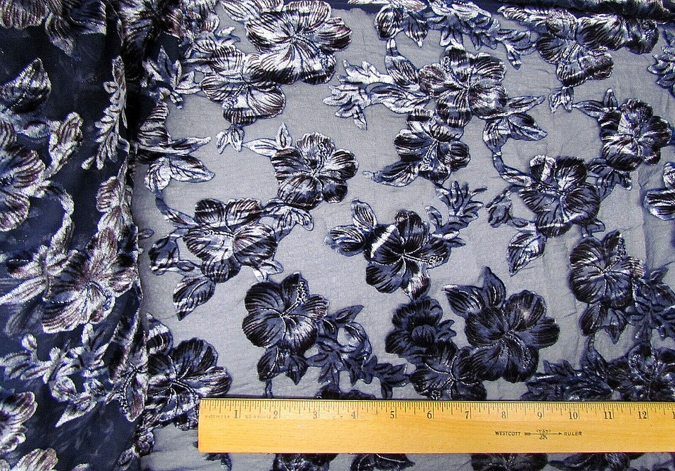 Navy Blue & Silver floral Velvet Burnout on chiffon Fabric By the Yard 45″ W