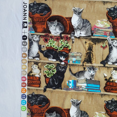 Cats on Book Shelf Vintage Style Cotton Fabric Basket Plant Quilting 4.25 Yards