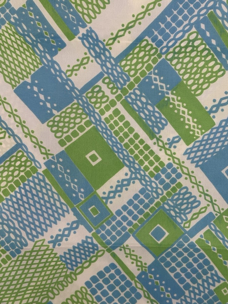 Vtg Klopman Mills Fabric 2.5 Yds Geometric Op Art Dots Plaid 1970 45” Wide Green