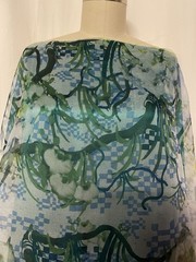 100% Silk Organza Print Abstract Floral Blue Sage Green Fabric By The Yard 44″W