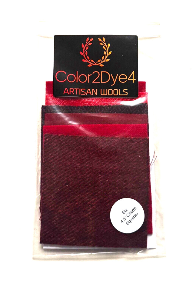 Hand Dyed Wool -appliqué/rug/hook (6) 4.5″ Charm Sq; Oh The Reds Set #4.5-1
