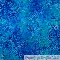 BonEful Fabric FQ Cotton Quilt Blue Aqua Green Flower Leaf Swirl Batik Dot Water