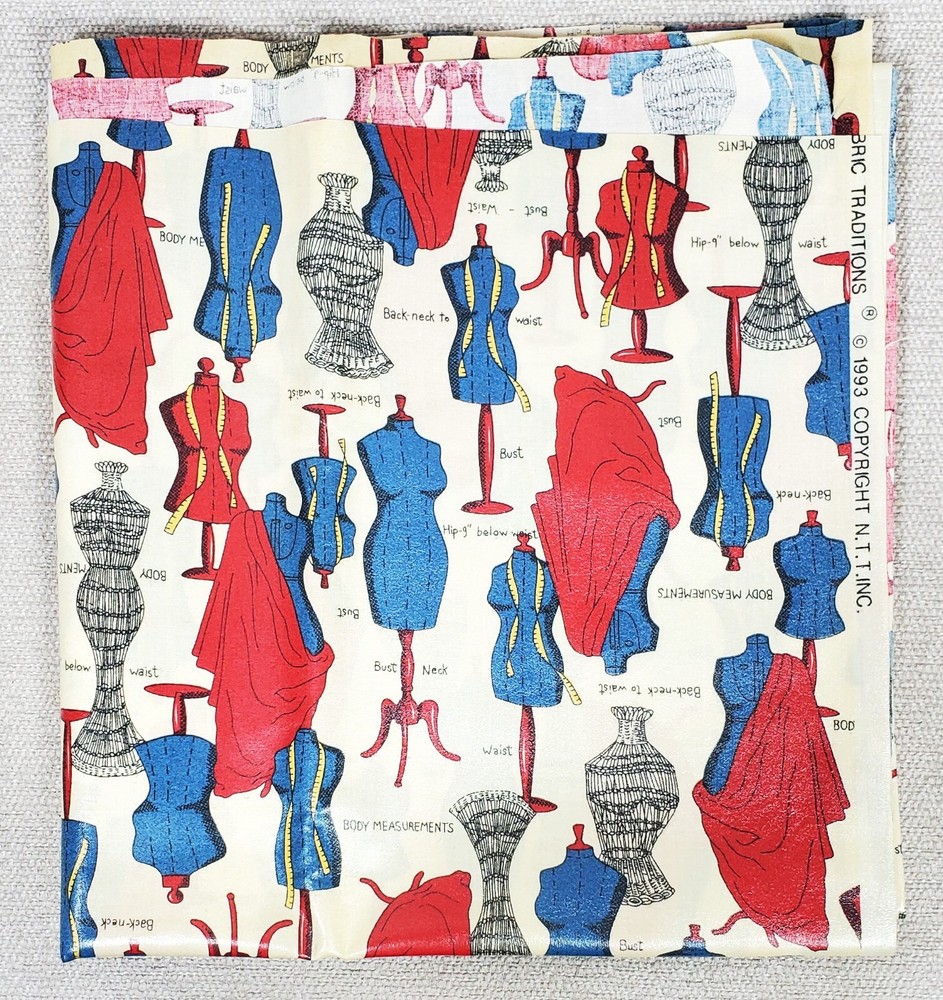 48″ x 45″ Laminated Cotton Fabric Sewing Room Dress Form Print Red & Blue