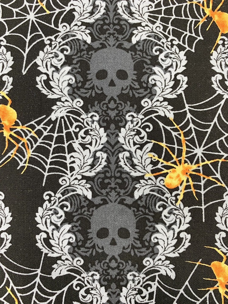 Skulls and spiders fabric, Halloween cotton, web gothic black grey horror