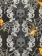 Skulls and spiders fabric, Halloween cotton, web gothic black grey horror