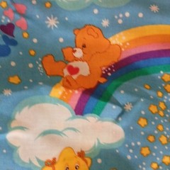 Care Bears Cartoon Print Fabric Blue Rainbow Clouds 44″ W x 89″ L NWOT Vintage