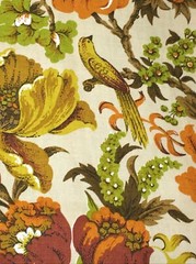Birds Flowers Avocado Golden on Tan VTG Cotton Canvas House n Home Fabrics 1.75Y