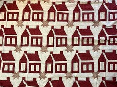 Vintage Red House Cheater Quilt Top. Cotton 10”x10” house. 7’ x 4 1/2’