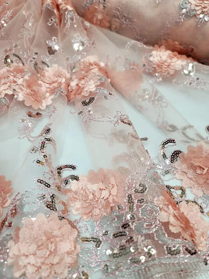 “Blush 3D Floral Lace Fabric with Sequins and Embroidered Double Scallops – Sold
