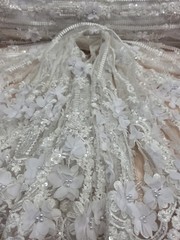 White 3d Lace Fabric Sold By The Yard Embroidery 3d Floral Beaded On Mesh