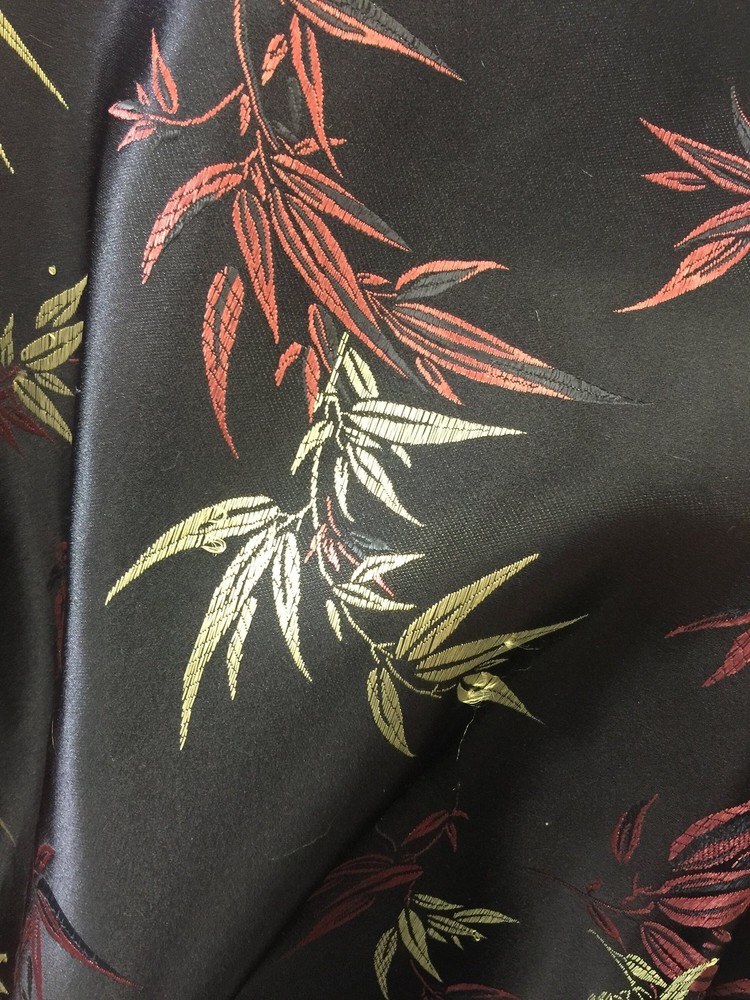 Alondra BLACK Leaves Brocade Chinese Satin Fabric by the Yard – 10095