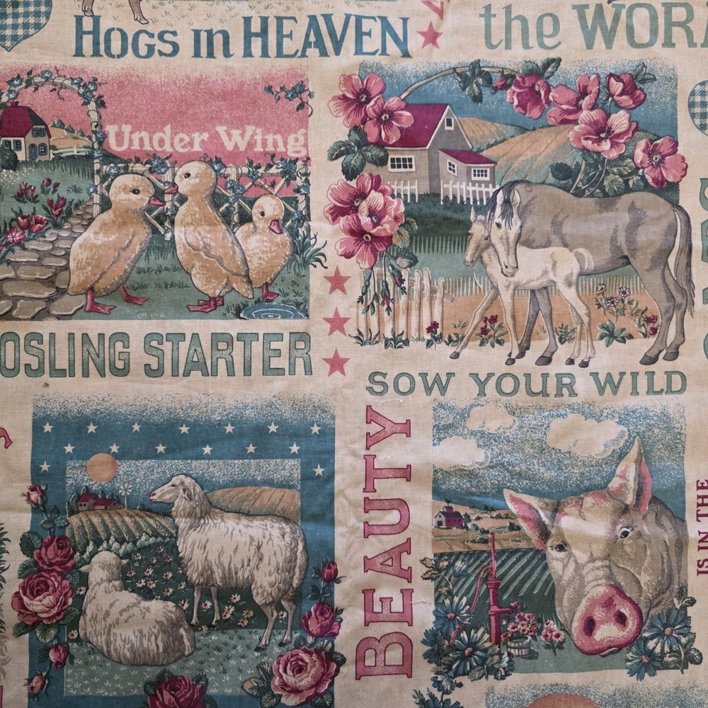 Vintage Concord Fabric Sharon Kessler Farm Animals Feedsack Labels 1 1/8 Yard