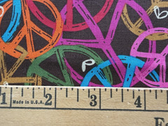 Groovy Peace Symbols Fabric; Brown with Orange, Pink, Green, Red, Yellow. BTHY