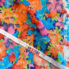 2.5 YD Vintage Impressionist Floral Fabric Cotton Orange Blue