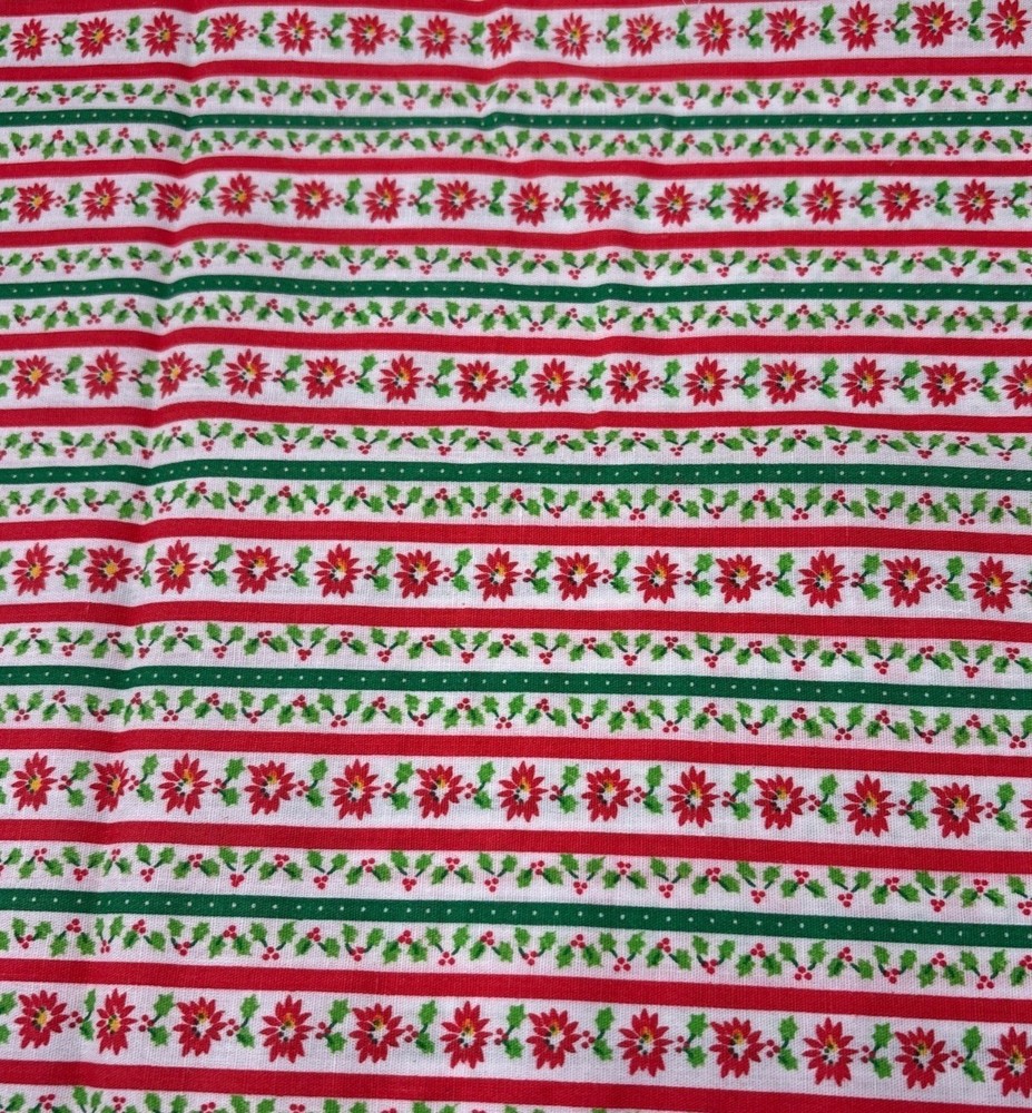 Christmas Striped Fabric Poinsettia & Holly 20″ x 38″ Red/Green Cotton Quilting
