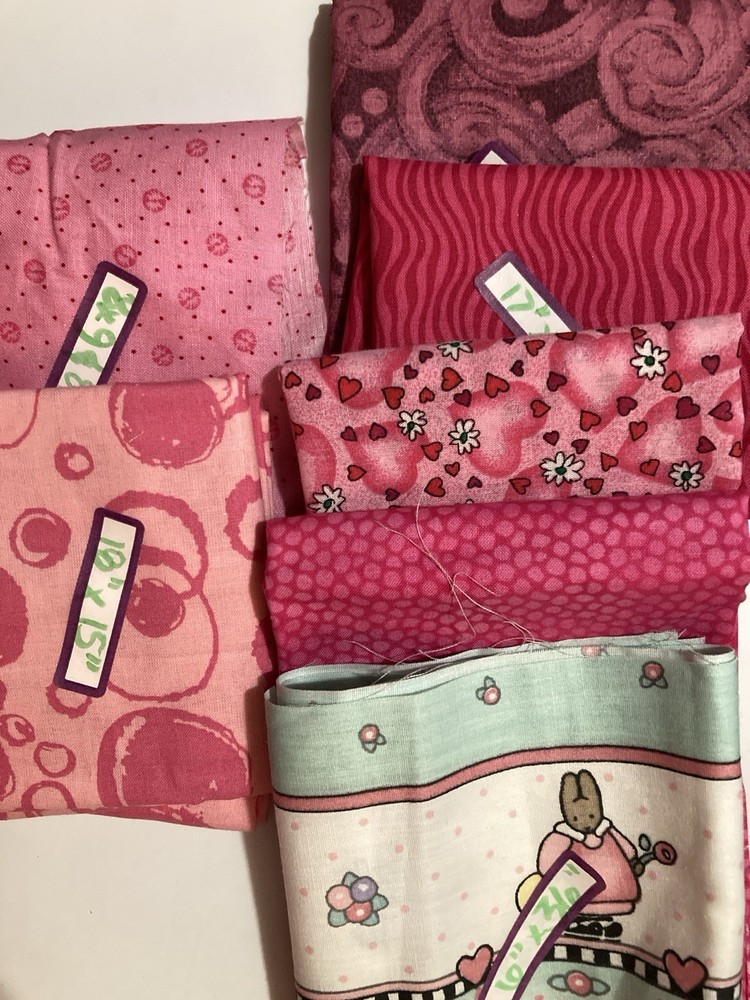 Lot of 7 Fabric Scraps Pinks Hearts Rabbit Swirls Lot #39