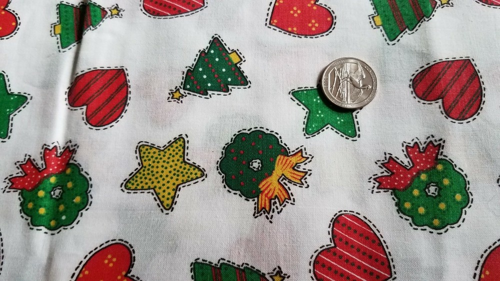 COTTON FABRIC GREEN, RED & YELLOW STARS, TREES, WREATHS & HEARTS ON WHITEL 1YD