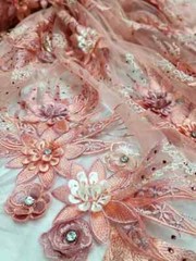 “Coral 3D Floral Embroidered Lace Fabric with Rhinestones and Beads – Sold by th