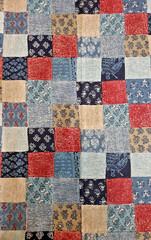 2.75 YDS Vintage Cotton Fabric Cheater Quilt Patchwork Blocks Blue Red Khaki