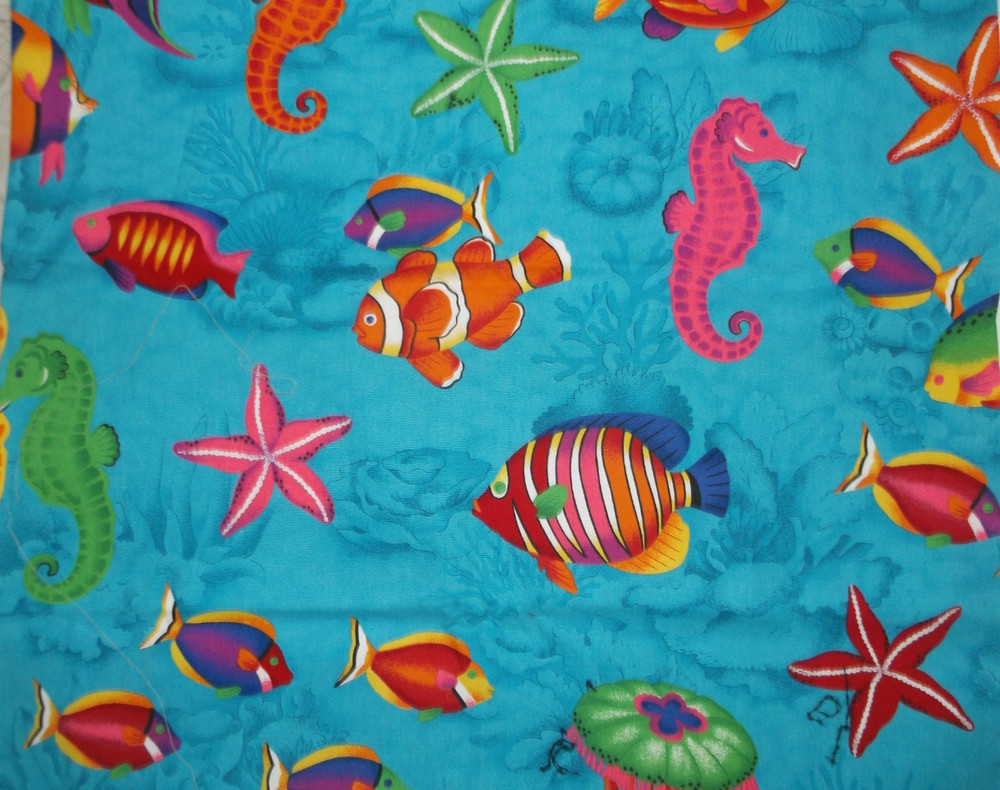 TROPICAL FISH fabric panel 44 x 58 inches turquoise aquarium