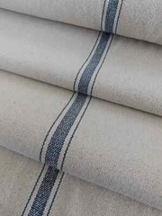 Grain Sack | Feed Sack Fabric | Blue 3 Stripe | Beige Background | 54″ Wide