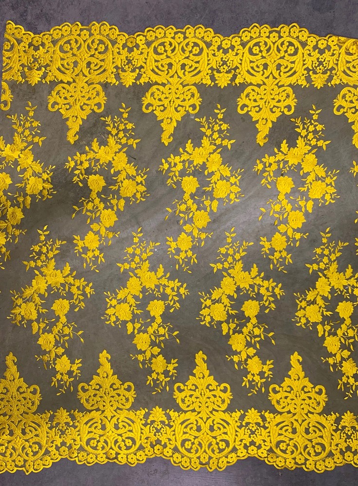 Teagan BRIGHT YELLOW Damask Design Embroidered on Mesh Lace Fabric by the Yard