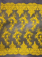 Teagan BRIGHT YELLOW Damask Design Embroidered on Mesh Lace Fabric by the Yard