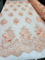 Peach 3D Floral Lace Fabric with Pearls & Scalloped Mesh by the Yard