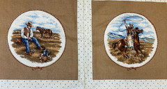 COWBOYS IN THE WILD WEST 4 BLOCK PANEL ON BROWN BY VIP CRANSTON, 35″x44″ (BROWN