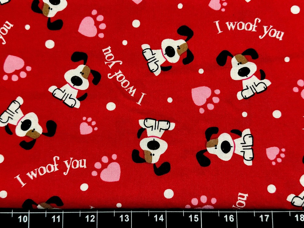 Tina Scrap 9″x19″ Heart Paws Dog Puppy I Woof You Valentines Love FABRIC COTTON