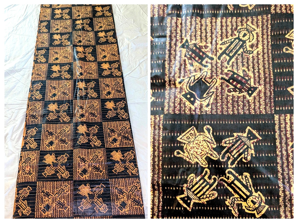 Fabric African Tribal Black Orange Folk Art Figures Squares 4.9 Yards Material